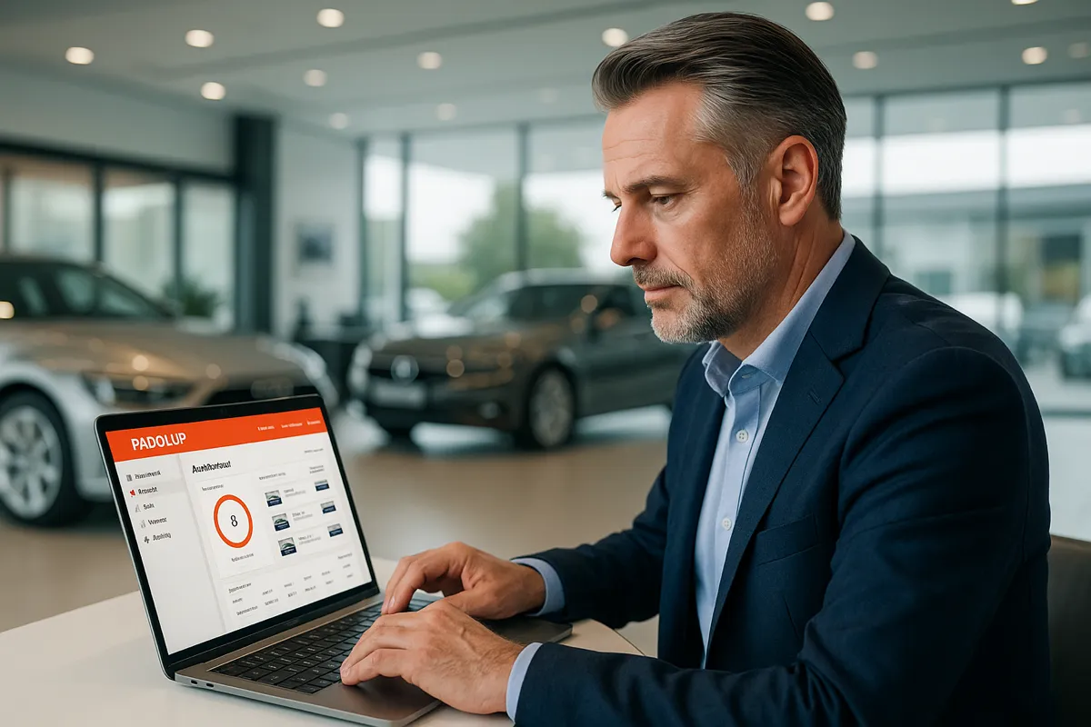 UK car dealer using branded auction platform on laptop in showroom