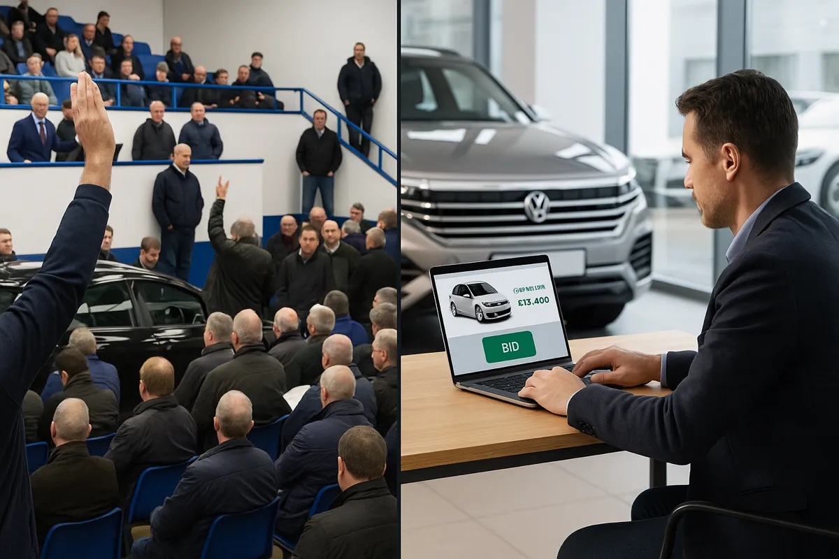 Split-screen showing physical car auction hall versus dealer bidding online from showroom