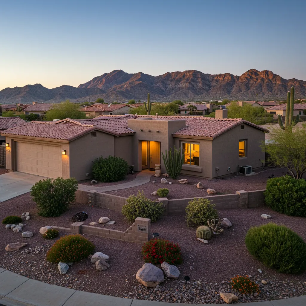 Modern single-story home in Phoenix, Arizona featuring desert-friendly landscaping with cacti, gravel, and stucco finish.