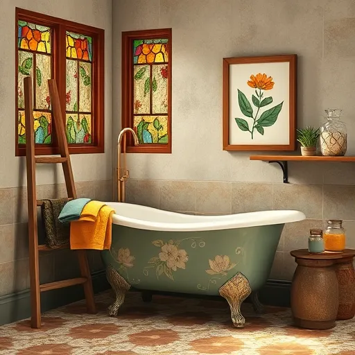 A charming bathroom inspired by the Arts and Crafts Movement featuring an elegant clawfoot bathtub surrounded by intricate floral tile patterns in earthy browns, muted greens, and warm terracotta tones. The walls are finished with handcrafted textured plaster in soft sage and cream shades, accented with colorful stained-glass windows that cast dappled light across the space. A vintage wooden ladder holds neatly folded towels in mustard yellow, deep teal, and rust orange, adding playful character. A framed botanical print enhances the nature-inspired decor, alongside small quirky details such as a brass leaf-shaped soap dish, a potted succulent on a rustic shelf, and vintage-style glass jars with textured lids. The cozy, balanced composition exudes a nostalgic, handcrafted ambiance with stylized shapes, bold outlines, and an earthy color palette that emphasizes artisanal charm and harmonious bathroom design.