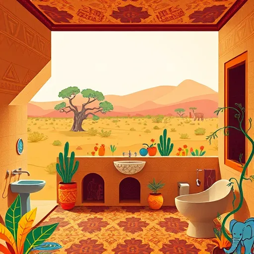 A colorful, intricately detailed illustration in traditional African art style depicting an eco-friendly bathroom scene. The ornate bathroom interior features geometric patterns inspired by African textiles and beadwork, blending organic shapes with bold, rhythmic lines. Key elements include a decorative, carved wash basin, integrated solar-powered water heating systems, and rainwater harvesting features represented by swirling, leaf-like motifs. Playful details include tiny animated solar panels with smiling faces on the roof, and miniature abstract elephants with water-saving tips embroidered on their skins wandering through the scene, symbolizing conservation. The background showcases a sunlit landscape with acacia trees, vibrant desert flora, and a warm color palette of earthy reds, ochres, deep blues, and yellows, evoking warmth and sustainability. The overall mood is lively and harmonious, celebrating cultural heritage, innovation, and resourcefulness in sustainable bathroom solutions with a joyful, hopeful tone.