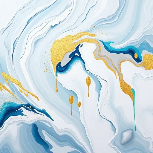 An abstract expressionist artwork illustrating the elegance and transformation of luxury walk-in shower renovations. Swirling brushstrokes of shimmering platinum, icy blues, and crisp whites evoke cascading water, blending seamlessly with textured patterns reminiscent of frosted glass and polished marble surfaces. Gold leaf splashes subtly shimmer through the hues, symbolizing opulence and the sparkle of glass tiles. The background features layered, textured strokes suggestive of intricate tile patterns and sleek modern fixtures, rendered in expressive gestures that convey movement and sophistication. Playful drips of vibrant aqua and lime green add lively energy, hinting at personality and innovation. The composition exudes calm yet inspiring tones of renewal and luxury, with abstract hints of soft curtains or water ripples creating an open, airy ambiance. Bold textures, intense brushwork, and a vibrant, harmonious color palette evoke creative transformation, capturing the essence of elevating a bathroom into a luxurious spa retreat with artistic flair.