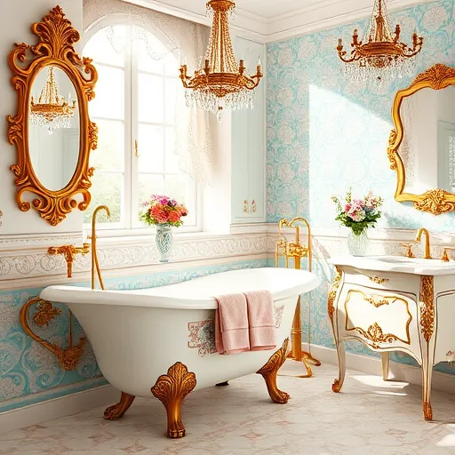 A luxurious, rococo-inspired bathroom featuring ornate gold-framed mirrors, intricate scrollwork, and detailed decorative elements. The sunlit space includes a freestanding clawfoot tub decorated with delicate floral patterns and draped with plush pastel towels hanging on gilded hooks. An elaborately carved vintage vanity with shimmering marble surfaces enhances the opulence, while soft sunlight filters through a tall lace-curtained window, casting a warm glow that highlights pearl accents, porcelain vases filled with vibrant summer blooms, and baroque chandeliers with hanging crystals. Playful details like tiny cherubs carved into fixtures, seashell motifs in the tiling, and a swirling wave pattern on the floor evoke a breezy seaside atmosphere. The background showcases an ornate mosaic wall with shimmering aqua and blush pink tiles, reminiscent of summer sunsets and ocean waves. The overall scene combines the timeless elegance of Rococo design with lively summer colors, creating a relaxed, whimsical, and sophisticated environment that exudes luxury, charm, and playful splendor.