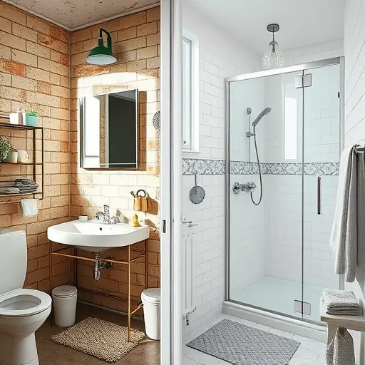 A hyperrealistic split-view image showcasing a small bathroom renovation, with the left side depicting the outdated, cramped 'before' space featuring faded beige and brown tiles, a sagging mismatched sink with worn fixtures, a cracked mirror cluttered with aging toiletries, and dull, shadowy lighting emphasizing neglect. The right side reveals a modern, elegant 'after' transformation with sleek white subway tiles, a minimalist floating vanity with brushed nickel fixtures, a frameless glass shower enclosure with shiny chrome accents, and a backlit mirror emitting a soft glow. The color palette shifts from dull earth tones to fresh whites, cool grays, and subtle pastel blues, creating a calm, inviting atmosphere. Playful details include a small potted succulent on the sink, a cheerful rubber duck in the shower nook, and an vintage-inspired light fixture with intricate detailing. Decorative touches such as a textured bathmat, neatly folded plush pastel towels, contrasting with the grime and discolored grout on the neglected side. Soft natural light filters through an unseen window, illuminating reflective surfaces and emphasizing the renovation's dramatic quality. A faint blueprint overlay in the 'before' area contrasts with the clean, modern aesthetic of the 'after,' all rendered in hyperrealism to evoke vivid, tangible beauty and a sense of renewal.