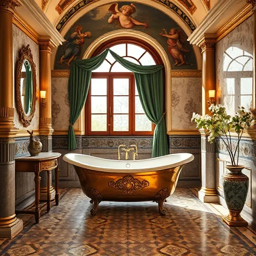 A luxurious Renaissance-inspired bathroom interior featuring intricate marble patterns, gilded accents, and classical columns supporting a vaulted ceiling. The scene showcases a vintage-style, ornate bathtub with sleek, modern lines, surrounded by gilded edelweiss motifs and elaborate tiled floors in muted golds and deep blues. Modern smart devices are subtly integrated, including a gold-framed touch-sensitive mirror, a spherical digital control console resembling Renaissance clockwork, and softly glowing LED faucets. Charming details include a small cherub sculpture holding a glowing tablet and delicate floral arrangements in antique porcelain vases with modern etched patterns. In the background, a grand arched window with velvet drapes lets warm sunlight illuminate polished, patterned tiles, while a ceiling fresco depicts allegorical figures intertwined with symbols of technology. The color palette features warm ochres, deep emerald greens, soft creams, and metallic golds, blending Renaissance opulence with playful innovation and showcasing a harmonious fusion of historic elegance and contemporary smart bathroom design.