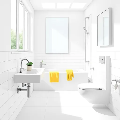 A minimalist, modern illustration of a bathroom designed for rental property upgrades, featuring clean-lined fixtures such as a sleek, wall-mounted toilet, a streamlined sink with chrome faucets, and a simple bathtub. The scene emphasizes modular components like varied tile patterns, shiny fixtures, and minimal storage solutions, highlighting affordability and efficiency. Small details include a potted succulent on the sink, a yellow rubber glove draped over a faucet, and a wrench resting on tiled surfaces, adding a DIY-inspired touch. The airy background showcases large windows with natural light, subtle peel-and-stick tile designs, and a minimalist mirror, creating a fresh, practical atmosphere. The color palette consists of whites, soft grays, muted teal, and buttery yellow, conveying cleanliness and simplicity—ideal for attracting landlords and property managers seeking affordable bathroom renovation ideas.