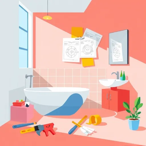 A colorful, stylized bathroom scene rendered in geometric abstraction, showcasing various stages of bathroom remodeling. The composition includes a sleek bathtub, modern sink, and mirror, all constructed from bold shapes and sharp angular lines. Tiled walls and an abstract window introduce sunlight, casting geometric shadows across the space. Scattered tools such as a wrench, paintbrush, and measuring tape are depicted as playful, smiling geometric blocks, adding a quirky charm. In the background, layered blueprint diagrams and color swatches float as geometric shapes, emphasizing planning and transformation. A small, geometric plant sprouting from a corner adds a touch of life. The palette features cool blues and greens for calmness, accented with warm yellows and corals to evoke enthusiasm and creativity. The overall style—Geometric Abstraction—uses minimalism, intersecting shapes, lines, and negative space to create a modern, engaging visual narrative of bathroom remodeling progress.