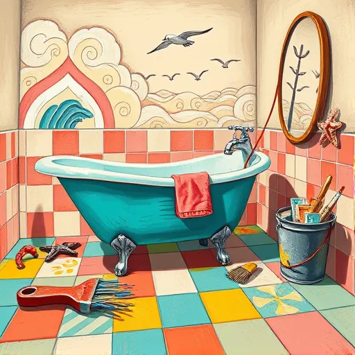 A vibrant ArtBrut-style illustration of a bathroom remodeling scene near Cape Carteret, North Carolina. The artwork features bold, exaggerated lines and raw brushstrokes conveying energy and authenticity. In the foreground, an oversized turquoise bathtub with uneven, playful edges sits on a colorful, mismatched tiled floor in shades of coral, seafoam green, and yellow. Surrounding the tub are whimsical tools—a goofy grinning wrench, a wild-bristled paintbrush, and a faucet with exaggerated water droplets—each with a childlike, quirky personality. The background depicts stylized seaside elements—including swirling waves, seagulls in flight, and swirling clouds—evoking Cape Carteret’s coastal charm. A large, uneven mirror reflects the scene with playful distortions, enhancing the handcrafted, funky aesthetic. Warm, surreal lighting highlights the creative, exuberant mood. Tiny details such as a seagull perched on a faucet, a bucket of mismatched tiles, and a painted starfish on the wall add humor and personality. The color palette includes bold primary colors complemented by ocean-inspired aquas and sandy beiges, creating a lively, fun coastal vibe. Overall, this dynamic composition celebrates DIY home renovation with quirky charm and artistic edge in the distinctive ArtBrut style.