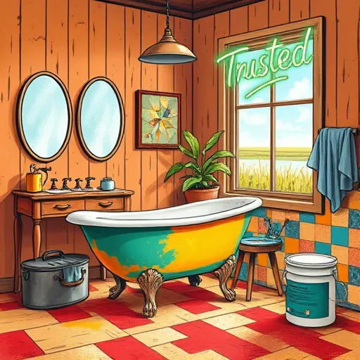 A vibrant ArtBrut-inspired illustration of a rustic bathroom scene in Bogue, North Carolina, featuring bold, exaggerated lines and textured, childlike qualities. The scene includes a vintage clawfoot bathtub painted in teal, mustard yellow, and crimson, with a quirky, handcrafted appearance. To the side, a rough-hewn wooden vanity with mismatched, slightly crooked mirrors and playful smudges reflects character. A whimsical potted plant with sprawling leaves sits near a sunlit window, hinting at nearby salt marshes and seagrass, depicted with broad, expressive strokes. The background showcases weathered wood-paneled walls and mismatched colorful tiles with quirky patterns, emphasizing authenticity. A toolbox and paint cans are deliberately askew, suggesting ongoing renovation, while a playful neon sign reading "Trusted" hangs above in uneven lettering. The warm ochres, deep blues, and lively reds, combined with textured brushwork, evoke warmth, friendliness, and North Carolina coastal charm, capturing a trustworthy, handcrafted vibe ideal for showcasing bathroom renovation in Bogue, North Carolina.