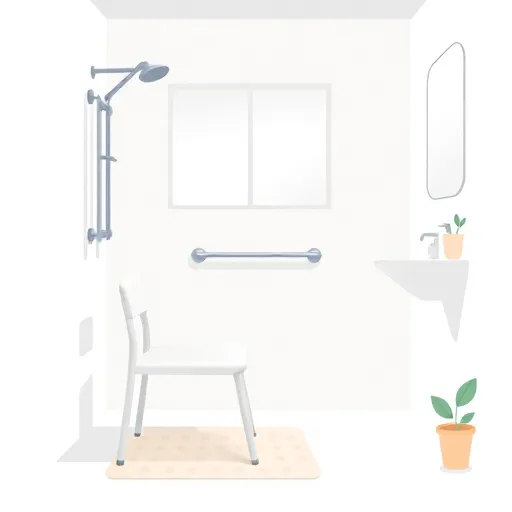 A sleek, minimalist illustration of a modern, elderly-safe bathroom featuring an accessible shower stall with seamlessly integrated grab bars and textured slip-resistant tiles. Soft pastel tones of light blue, gentle grey, and warm beige create a calming atmosphere. In the foreground, a stylized, sturdy shower chair with rounded edges and a low-level sink with lever handles promote ease of use. A playful polka-dot shower mat adds personality, while small cheerful details like a smiling soap dispenser and leaf-shaped towel hook enhance the friendly, safe environment. The background showcases a clean window with diffused natural light, highlighting a serene and inviting space. The overall art emphasizes clarity, safety, and tranquility, ideal for a blog about elderly bathroom safety solutions.