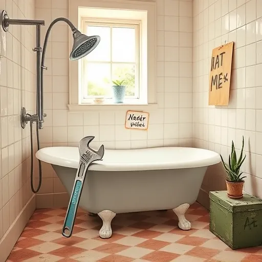 A cozy, modest bathroom scene illustrating an affordable shower-to-tub conversion with a vintage-style, slightly worn tiled bathroom. The image showcases a modern showerhead being replaced with a classic clawfoot tub, symbolizing a budget-friendly bathroom upgrade. In the foreground, a cheerful, exaggerated wrench and plunger rest on the edge of a small renovation area, highlighting hands-on practicality. Nearby, a quirky toolbox adorned with cheerful stickers indicates DIY enthusiasm. A well-lit window streams sunlight into the space, illuminating fresh paint patches on the wall and warm, inviting tones. Simple potted plants, such as a succulent and a fern, add life and personality, contrasting with the utilitarian setting. Small details like a handwritten “Near Me” sign taped to the wall and a toolbox labeled “A+” emphasize affordability and community support. The scene employs earthy, muted colors with pastel blues and greens, creating a sense of hope and reliability in home improvement. Overall, the image conveys a friendly, optimistic atmosphere focused on accessible, practical bathroom renovations through everyday ingenuity.