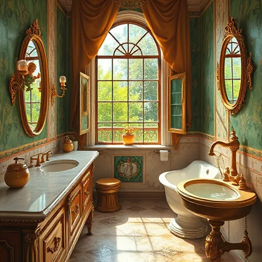 A detailed Renaissance-style painting depicting a luxurious yet functional bathroom undergoing a whimsical transformation. The scene features intricately carved marble countertops, ornate gold-framed mirrors reflecting soft warm light, and decorative wall tiles inspired by classical motifs. Bright jewel tones such as deep emerald greens, rich blues, and warm golds evoke opulence and timeless elegance. Subtle textures highlight craftsmanship reminiscent of Renaissance artistry, while playful details include tiny cherubs peeking from behind the mirror, decorative scrollwork on fixtures, and a miniature bubbling fountain in one corner, adding charm to the sophisticated setting. The background showcases an elegant tapestry-like drapery revealing a lush garden scene through an arched window, symbolizing renewal. Gentle sunlight filters through stained glass, casting intricate patterns on the polished floor, emphasizing craftsmanship and history. The overall mood combines refined warmth with whimsical charm, capturing the transformation of an ordinary bathroom into a work of art that blends Renaissance grandeur with creative, budget-conscious design details.