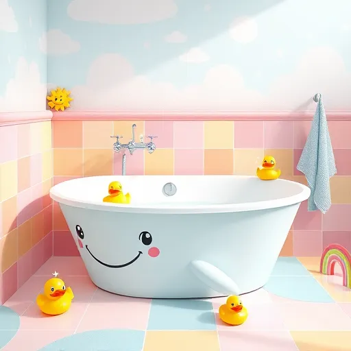A colorful, child-friendly bathroom featuring a whimsical whale-shaped bathtub with a smiling face, surrounded by floating rubber ducks and iridescent soap bubbles. The space is decorated with bright pastel-colored tiles in shades of blue, pink, and yellow, styled with bold, flat brushstrokes reminiscent of ColorFieldPainting. A quirky cartoon-style faucet with exaggerated curves and friendly eyes adds charm, while a rainbow-shaped towel hangs on a hook. The environment includes playful star-shaped bath toys, cloud motifs, and a stylized sky mural, creating a whimsical outdoor scene. Rounded edges and soft, playful patterns create a safe and inviting atmosphere filled with calmness and joy, perfect for children’s bathing spaces. The palette is bright and soft, with large color blocks and subtle details like twinkling star soap and a small smiling sun, emphasizing a cheerful, approachable, and imaginative bathroom design for kids.