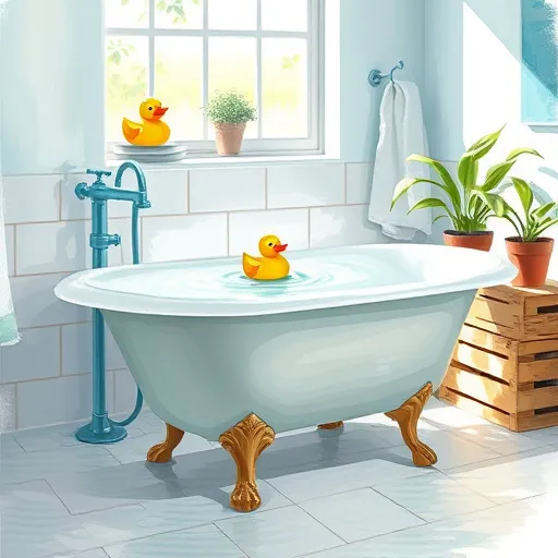 An impressionistic painting of a renovated bathroom featuring a vintage clawfoot bathtub with a shimmering reflection. The scene shows water damage signs on peeling tiles and softened grout lines, contrasted by bright aqua and warm brass plumbing fixtures. Artistic ripples and droplets symbolize water themes, while whimsical details include a floating rubber duck on a sleek shelf and lush green plants in reclaimed wood crates. A sunlit window with diffuse light adds soft shadows, creating a tranquil, hopeful atmosphere with light blue, soft green, and warm earth tones. Bold brushstrokes convey movement and transformation, illustrating water damage as an inspiring opportunity for creative renewal in a charming, lively impressionist style.