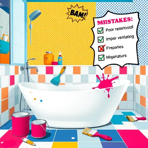A vibrant PopArt-inspired illustration of a stylish, cartoonish bathroom undergoing renovation. The scene features a sleek bathtub with bold, contrasting tiles—some crooked or mismatched—highlighting common remodeling pitfalls. Floating paint cans and oversized brushes splatter bright, saturated paint in electric blue, fiery red, and sunny yellow, creating an energetic, playful atmosphere. An animated checklist with checkmarks and X marks hovers nearby, symbolizing typical bathroom renovation mistakes such as poor waterproofing, inadequate ventilation, and mismatched fixtures, depicted in a humorous, nonspecific style. The background showcases stylized bathroom elements with exaggerated fixtures, shiny chrome accents, and dramatic water splashes, all rendered in bold lines and flat, vivid colors characteristic of PopArt. Additional quirky details include exaggerated light fixtures with oversized bulbs and comic-style bubbles with words like "BAM!" and "WHOOPS!", enhancing the lively, humorous tone. The background features dotted patterns and halftone textures, giving a comic book feel, making the image engaging and suitable for a blog about avoiding costly bathroom remodeling errors.
