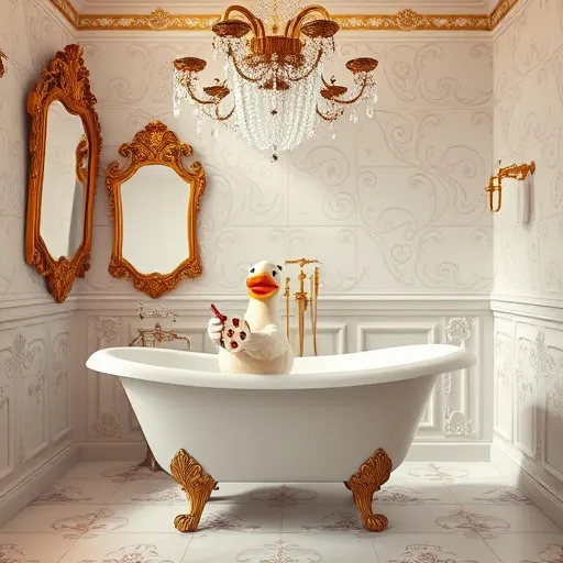 A luxurious Rococo-inspired bathroom scene featuring ornate gold-framed mirrors and an elaborate crystal chandelier casting a warm, golden glow. A vintage clawfoot tub decorated with whimsical soap bubbles shaped like tiny dollar signs sits amidst delicate pastel-colored wallpaper with swirling floral and scroll motifs in blush pink, mint green, and lavender. An elegant baroque-style vanity with intricate carvings displays vintage plumbing fixtures and ornate faucets, emphasizing renovation themes. A charming ceramic duck dressed as a painter, holding a small palette and brush, adds a playful, creative touch, symbolizing transformation. Soft, swirling rococo clouds and gilded embellishments create a dreamy, whimsical ambiance, blending opulence with fun and personality, perfect for a blog post about remodeling costs and design possibilities.