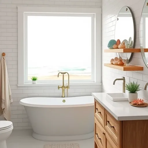 A hyperrealistic image of a modern, affordable bathroom remodel in Swansboro, North Carolina, featuring a coastal-inspired design. The bathroom includes white subway tiles with subtle textured grout, a vintage-style brass-finished freestanding bathtub, and a rustic wooden vanity. Soft sunlight streams through a large frosted window, illuminating colorful seashells and coral accents arranged on open shelves. Decorative marine-themed elements such as tiny starfish decals on the mirror, a miniature lighthouse figurine, and a sailboat-shaped soap dispenser add playful coastal touches. A small potted succulent with a lighthouse ornament sits on the countertop. The background reveals a scenic seaside view with gentle waves and sandy shores, reinforcing the maritime setting. The color palette combines soft aqua, sandy beige, crisp white, and warm driftwood tones, creating a tranquil and inviting atmosphere. The overall scene emphasizes accessible, stylish bathroom upgrades with coastal charm, blending practicality with aesthetic appeal in a hyperrealistic style.
