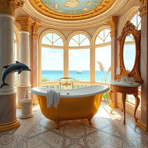Luxurious Renaissance-style bathroom in Pine Knoll Shores, North Carolina, featuring intricately carved marble columns, ornate gold accents, and soaring vaulted ceilings with frescoes of ocean waves and seashell motifs. The opulent space includes a large, shimmering clawfoot bathtub on a Renaissance-patterned mosaic floor, draped with plush embroidered towels. Decorative twisting sculptures of mermaids, dolphins, and starfish enhance the seaside fantasy ambiance. Light floods through arched windows with heavy embroidered drapes, casting a warm, golden glow. Vintage toiletry jars, a carved wooden mirror reflecting ocean blues, and seashell and coral arrangements add elegant details. A whimsical inlaid mosaic table beside the tub depicts a cherub with a fishing rod and playful dolphin. Outside, the serene North Carolina coast scene shows swaying seagrass and distant sailboats, evoking calm and refinement. The overall aesthetic combines rich Renaissance colors—warm golds, deep blues, creamy whites, and seafoam greens—creating a sophisticated, seaside-inspired bathroom aesthetic for upscale coastal renovation content.