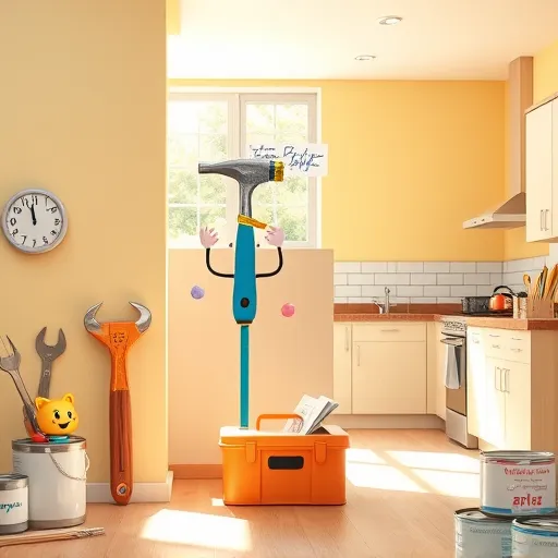 A vibrant, hyperrealistic scene of a cozy suburban kitchen undergoing affordable home remodeling, featuring a well-lit workspace with cartoon-style tools—a smiling hammer and a friendly blue tape measure—clamped onto a freshly painted wall. Quirky details include a happy paint roller splattering pastel-colored paint and a whimsical blueprint floating in mid-air, decorated with doodles and checkmarks, representing budget-friendly planning. Surrounding the area are a bright DIY toolbox filled with creative supplies, reusable paint cans labeled "Eco-friendly" and "Cost-effective," and a stack of affordable yet stylish tile samples, emphasizing cost-conscious renovation. The warm, inviting kitchen is illuminated by natural light streaming through a large window, casting soft shadows and creating a calm, hopeful mood. In the background, subtle improved features such as new cabinets, a fresh backsplash, and polished floors highlight the transformation. Playful elements like a mascot holding a wrench and a cheerful retro clock add personality and charm. The overall color palette of pastel yellows, blues, and greens, combined with realistic textures of wood, tile, and paint, conveys an approachable, professional yet playful atmosphere of accessible home improvement on a budget.