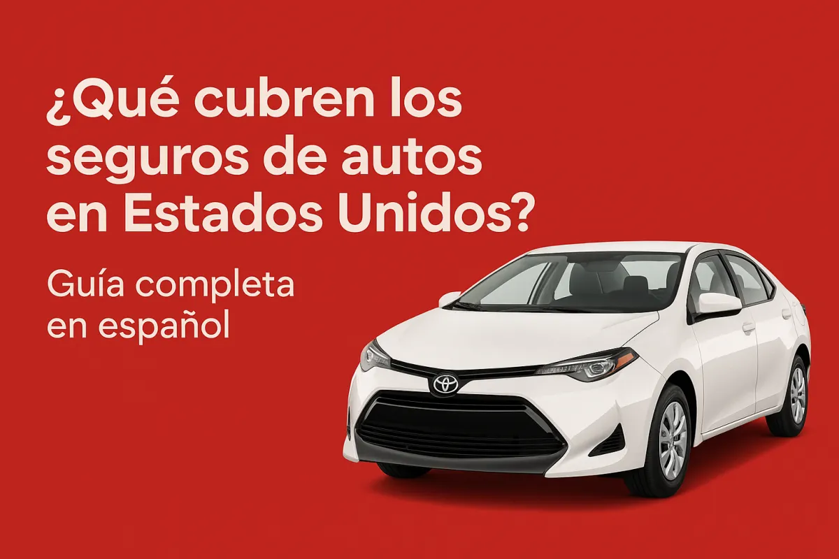 Imagen de un auto blanco con fondo rojo y texto ¿Qué cubren los seguros de autos en Estados Unidos? Guía completa en español