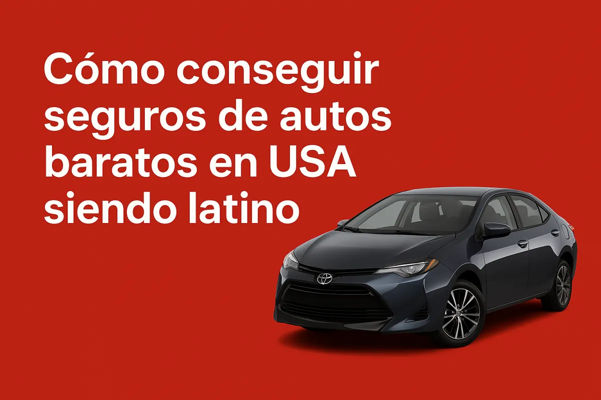 Ilustración de seguro de auto económico para hispanos en Estados Unidos, con estilo educativo y accesible