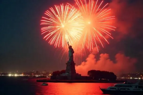 "Luxury limousine parked with fireworks lighting up the night sky in the background—celebrating Fourth of July transportation services in New Jersey