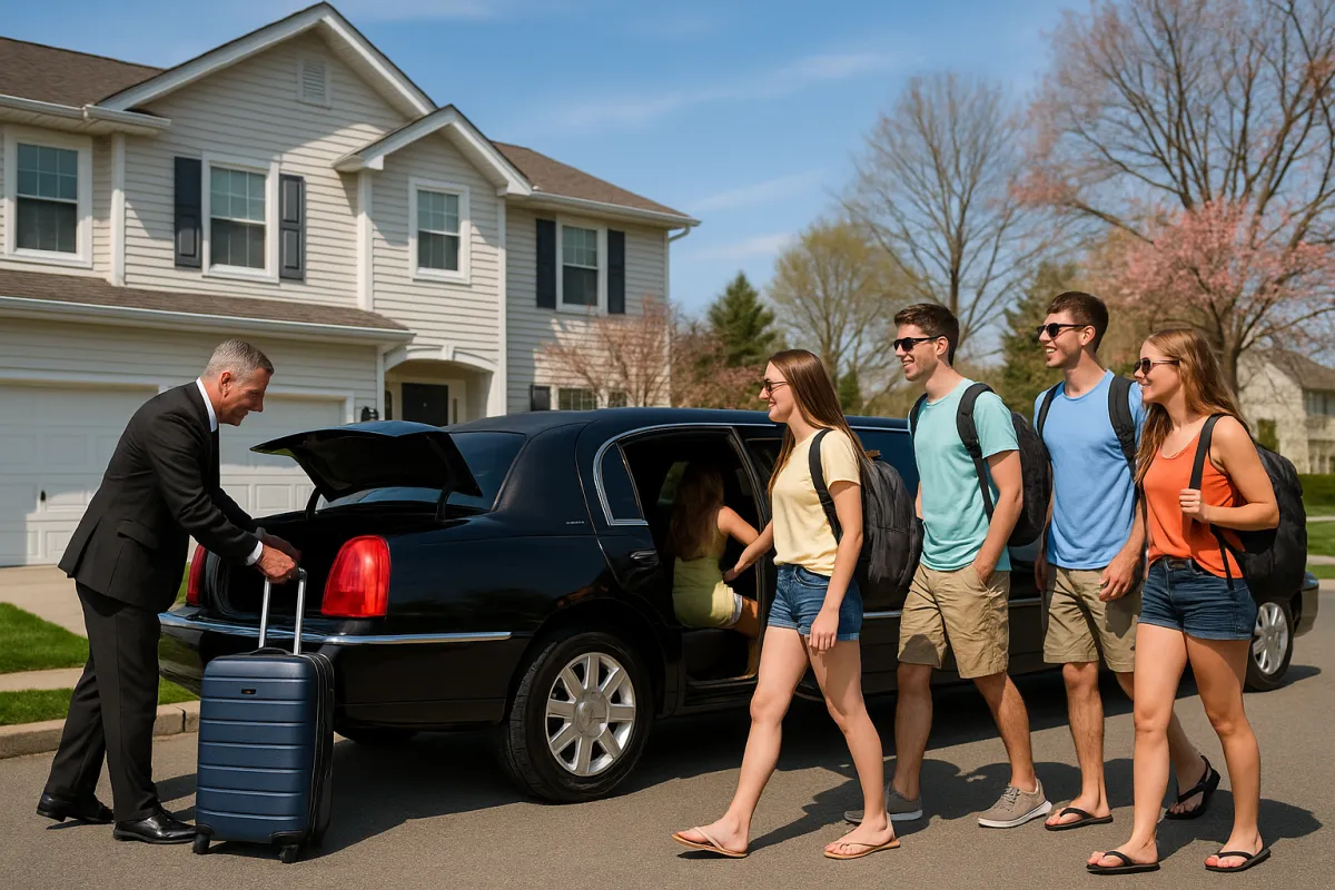 Group of travelers loading luggage into a black limousine for spring break airport transportation in New Jersey.