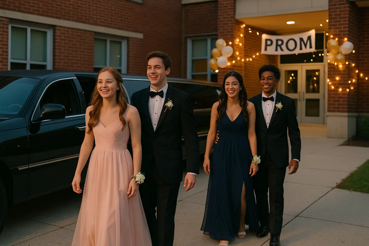 High school students in prom dresses and tuxedos stepping out of a black stretch limo in New Jersey, smiling and posing for photos near a decorated school entrance.