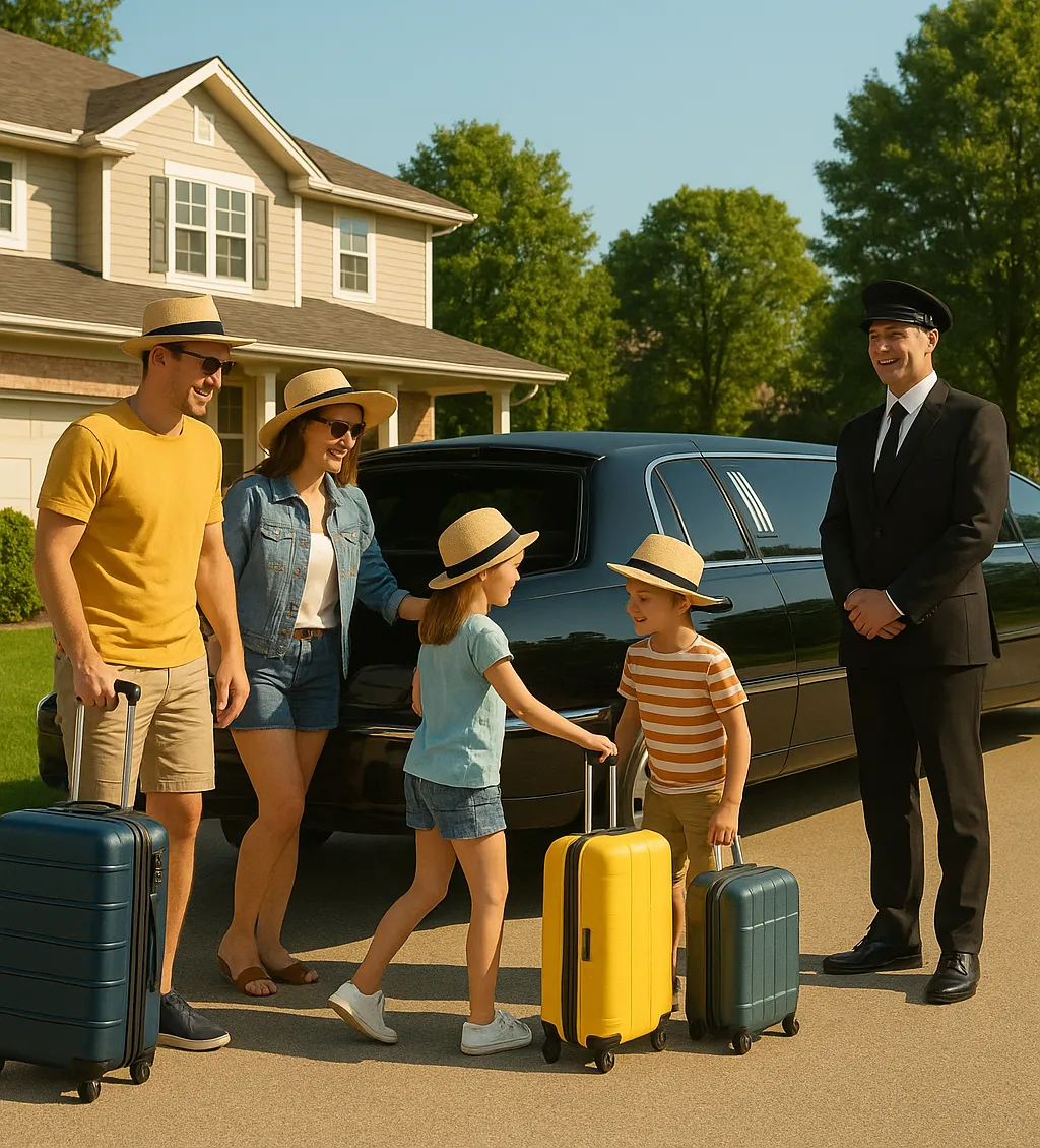 Family getting ready for summer vacation with luggage and a limo in a sunny NJ neighborhood driveway