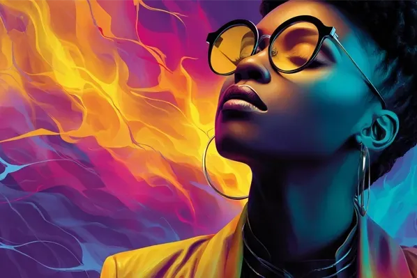 Bold, colorful portrait of a confident woman in sunglasses with flames of vibrant energy behind her, symbolizing empowerment and self-expression.