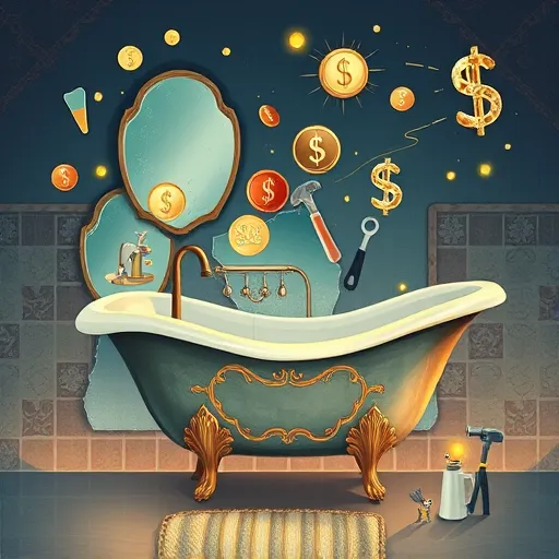 A symbolic illustration representing bathroom renovation costs, featuring an ornate vintage sink and bathtub surrounded by glowing circuitry patterns that symbolize complex budgeting. Floating around these fixtures are abstract fragments of broken mirror coins and dollar signs, reflecting various expense categories such as materials, labor, and fixtures, depicted with small icons like gears, stylized tiles, and light bulbs. The background showcases a textured tiled wall with dissolving mosaic patterns illuminated by particles, symbolizing transformation and breakdown of costs. Soft, diffused lighting enhances a contemplative, optimistic mood, with a muted earthy color palette of deep blues, warm terracotta, subdued golds, and grays for calmness and transparency. Quirky, miniature tools with expressive eyes and smiles add playful charm. The overall abstract composition blends symbolism and clarity, creating a poetic, insightful visual about the layered nature of bathroom renovation expenses, ideal for a blog cover on renovation costs and budgeting.