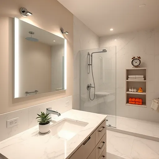 Hyperrealistic modern bathroom interior showing a lighting upgrade; features a sleek marble vanity with reflective surfaces and soft ambient lighting. Adjustable LED fixtures are mounted on the ceiling and wall, casting a warm, inviting glow that accentuates polished tiles and shimmering fixtures. A large, frameless mirror above the sink reflects the lighting setup, highlighting the transformation from dull to luminous. In the background, a glass shower enclosure reveals a minimalist showerhead with modern controls, illuminated by natural daylight-mimicking lights. Quirky details include a small potted succulent with glowing leaves and a vintage-style alarm clock with exaggerated hands. An open, sleek storage cabinet displays colorful folded towels and playful bath accessories like a rubber duck and soap dispenser. The spacious, well-designed bathroom features soft neutral-toned walls contrasted with crisp white fixtures, all bathed in balanced, professional lighting that emphasizes clarity and comfort. The color palette includes warm neutrals, soft whites, gentle beiges, and subtle cool metallics, creating an inviting, sophisticated atmosphere that showcases effective bathroom lighting and modern design.
