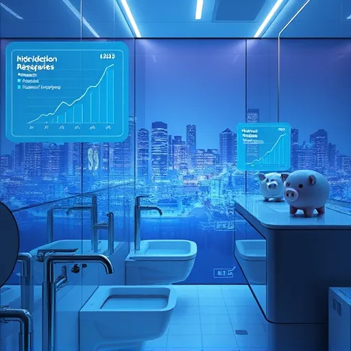 Futuristic bathroom scene featuring sleek, minimalist fixtures illuminated by soft neon ambient lighting. Transparent holographic billboards hover above the environment, displaying dynamic graphs and icons representing hidden costs such as plumbing issues, material overruns, and demolition surprises. The space showcases gleaming metallic surfaces with subtle circuit-like engravings, highlighting an interconnected smart home system. In the background, semi-transparent panels reveal a cityscape of interconnected buildings with glowing outlines, symbolizing complex renovation costs. Quirky details include robotic assistants inspecting pipes, a mischievous holographic dollar sign peeking from behind fixtures, and a playful floating piggy bank with blinking eyes atop a modern vanity. The color palette consists of cool blues, silvers, and neon accents, evoking a sense of technological innovation, awareness of unseen expenses, and optimistic remodeling prospects.