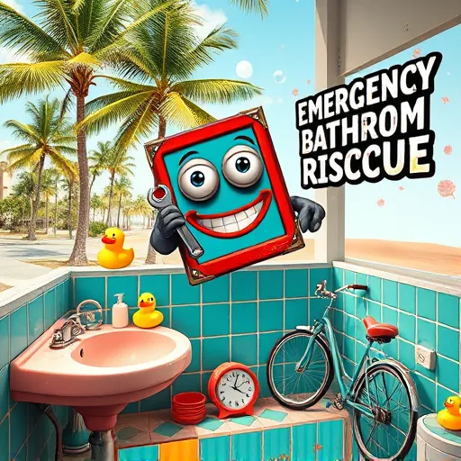 A colorful, whimsical scene illustrating an emergency bathroom renovation in Delray Beach, Florida. The vintage-style bathroom features mismatched sink fixtures and seashell-shaped tiles, set against a tropical backdrop with lush greenery and palm trees. Bright turquoise, coral, yellow, and green hues evoke a lively Florida atmosphere. An anthropomorphic toolbox with playful eyes and a grin wields a giant wrench, racing against time amid paint splatters and sparkles that emphasize urgency and fun. In the background, a sunlit street with vintage bicycles and a cheerful “Emergency Bathroom Rescue” sign with ornate lettering adds charm. Floating rubber ducks, bubbles, and ocean-inspired elements like sand dunes and seashell motifs blend with surreal details such as melting clocks and floating tools, highlighting creativity and urgency in a vibrant, dreamlike composition celebrating quirky bathroom repairs in sunny Florida.