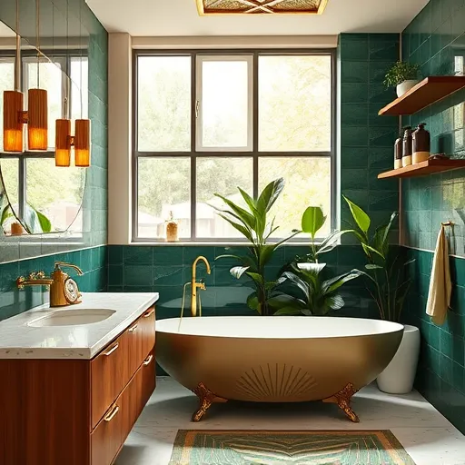 A luxurious Art Deco-inspired bathroom featuring smooth geometric lines and symmetrical design elements. The scene includes polished marble countertops with gold accents, emerald-green tiled walls, and vintage brass fixtures. In the foreground, a wooden vanity topped with eco-friendly, biodegradable soap dispensers and a minimalist potted plant with stylized, symmetrical leaves. A streamlined bathtub with fan-shaped legs, decorated with soft organic shapes, reflects harmony between nature and luxury. Ceiling-high stained-glass windows cast warm light across the space, creating a calm and inviting atmosphere. Quirky touches include a small mid-century-inspired clock embedded in the wall and a geometric-patterned rug with leaf motifs. In the background, lush indoor plants with symmetrical, fan-like leaves and sleek shelves holding recyclable containers and vintage eco-ware enhance the eco-conscious theme. The color palette combines warm golds, deep emerald greens, soft neutrals, and terrazzo accents, culminating in an elegant, sustainable bathroom that blends timeless glamour with ecological awareness in an ornate Art Deco style.