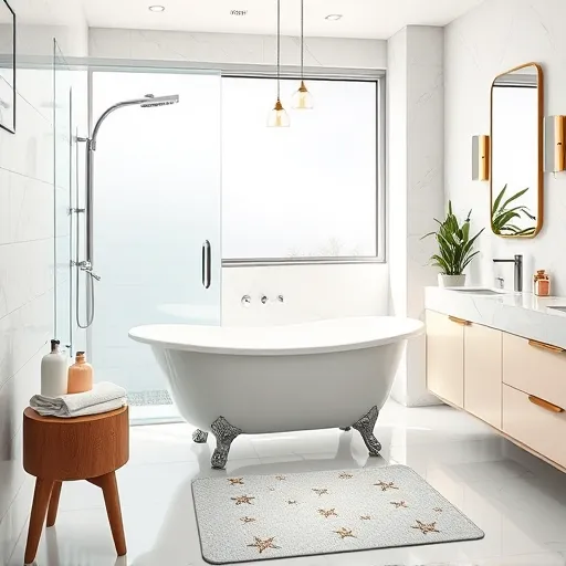 A realistic depiction of a modern, coastal-inspired bathroom undergoing stylish renovation. The space features a freestanding clawfoot bathtub with vintage clawfoot detailing, glossy marble countertops, and minimalist chrome fixtures. A partially open sliding glass shower door reveals a rainfall showerhead and tiled walls with subtle, elegant patterns. Next to the shower, a cozy wooden stool holds neatly folded fluffy towels and a small potted succulent. The background includes a large frosted window allowing soft, natural light to fill the room, creating a calm, inviting atmosphere. Bright, cheerful color tones such as soft whites, light blues, and beige contribute to a serene, professional look. Quirky details like seashell-shaped soap dispensers, vintage-colored glass jars for toiletries, and a playful starfish-patterned bathmat add personality and a fun touch. Visible tropical greenery through the window or reflected in the mirror evokes a beachy, Coastal Florida vibe fitting for Greenacres. The overall mood is relaxed and inviting, emphasizing quality craftsmanship and attention to detail, captured in a lifelike art style with warm, natural lighting perfect for a bathroom remodeling blog focused on coastal Florida aesthetics.