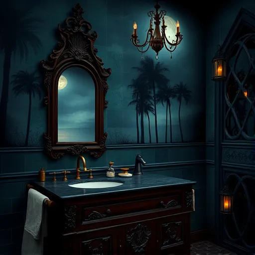 A Gothic-inspired bathroom scene featuring the top remodeling companies in Lake Worth Beach, Florida. The image showcases an ornate dark wood vanity with intricate carvings and antique brass fixtures, set against deep emerald green and midnight blue tiled walls that create a moody, mysterious atmosphere. Elegant arched mirrors with wrought iron frames reflect flickering candlelight, adding warmth to the cool palette. Decorative details include a porcelain fish-shaped soap dish, antique brass faucets resembling dragon heads, and subtly etched sea creatures in the tilework, highlighting Florida’s coastal charm. The background depicts a moonlit seaside motif with silhouetted palm trees under a cloud-filled sky, blending elegance and mystique. Gothic elements such as pointed arches, ornate latticework, and textured surfaces enhance the timeless, enigmatic ambiance. Vintage-style lanterns and an ornate, slightly worn chandelier hanging from the ceiling add atmospheric depth. Overall, the scene combines Gothic grandeur with coastal fantasy, emphasizing professional bathroom renovation in Lake Worth Beach with a darkly charming, mythical aesthetic.