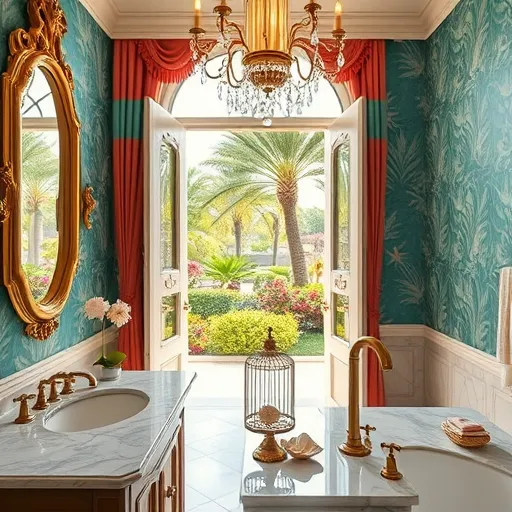 Luxurious bathroom scene inspired by regional Florida design, featuring opulent Baroque style elements. Marble countertops with gilded gold accents, ornate rococo mirrors, and an elaborate chandelier casting warm light. Large arched windows draped with vibrant turquoise and coral tasseled curtains allow soft sunlight to filter in, highlighting tropical coastal influences. Embedded palm motifs, seashells, and starfish in decorative tiles add regional charm. Background view shows lush gardens with palm trees and tropical flora visible through open double doors, blending indoor luxury with outdoor paradise. Antique brass fixtures sparkle among lavish Baroque-patterned wallpaper, complemented by a tiny birdcage on a shelf and a seashell-shaped vintage soap dish. The scene’s rich color palette includes golds, aquamarine, coral pinks, and greens, illuminated with dramatic chiaroscuro lighting that emphasizes textures and ornate details. Overall, the design balances regal elegance with playful coastal elements, embodying contemporary tropical bathroom luxury.
