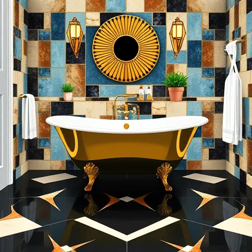 A sleek, Art Deco-inspired illustration of a luxurious yet budget-friendly bathroom makeover. Features a streamlined geometric vanity with polished brass accents, set against glossy black and cream tiles in bold symmetrical patterns. Central to the design is a vintage-style clawfoot bathtub with gold fixtures, placed on a terrazzo floor embedded with colorful mineral flecks. Above, a sunburst mirror with geometric rays adds warmth and sophistication, complemented by stylized angular lighting fixtures emitting soft, inviting glows. Decorative touches include tiny potted succulents with gold rims, vintage-inspired soap dispensers, and chrome-and-glass towel racks, infusing personality while maintaining a clean look. The background showcases an abstract mosaic wall blending blues, warm browns, and emerald green accents, creating a calm yet lively atmosphere. The color palette combines rich golds, deep blacks, creamy whites, and jewel tones, emphasizing an elegant, affordable transformation full of charm and vintage glamour. The illustration captures a stylish bathroom upgrade that balances sophistication, creativity, and budget-conscious design within a timeless Art Deco style.