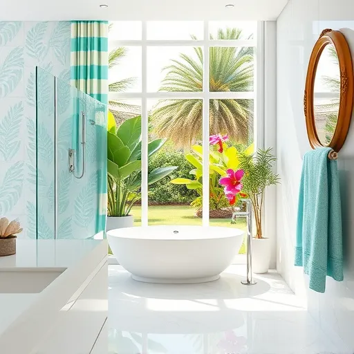 A hyperrealistic depiction of a renovated Florida bathroom featuring a modern, tropical-inspired design. The scene showcases a sleek vanity with white marble countertops and a spacious glass-enclosed shower adorned with lush palm leaf-patterned tiles. A freestanding seashell-shaped soaking tub adds a coastal touch. Bright sunlight streams through large windows dressed with turquoise and sandy beige striped curtains, illuminating the space with a warm glow. Coastal details include a seashell-shaped soap dispenser, a potted succulent in a sandy-colored planter, and a vibrant turquoise towel casually draped over a towel rack. View of a lush Florida garden with colorful hibiscus and palm trees is visible through the window, enhancing the tropical ambiance. An ornate vintage-style gold mirror hangs on the wall, adding elegance. The color palette combines bright whites, aqua blues, sandy beiges, and fresh greenery, creating a lively, sunny atmosphere. The hyperrealistic style captures intricate textures such as water droplets on the shower glass, polished porcelain surfaces, and soft plush towels, evoking a luxurious yet inviting tropical bathroom oasis.