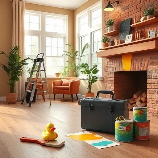 Hyperrealistic home renovation scene featuring a cozy, well-lit living room with a warm earthy color palette of soft browns, beiges, and terracotta accents. The image highlights a detailed workspace with a sleek modern toolkit atop a partially renovated wooden floor. A vibrant accent wall is painted in playful mustard yellow and teal hues, suggesting creative transformation. Surrounding elements include a contemporary sliding ladder leaning against a partially exposed brick fireplace, stacked paint cans with colorful drips, and a whimsical rubber duck perched on a paint roller. Large windows flood the scene with natural sunlight, illuminating leafy houseplants and newly installed shelves displaying handmade decorative items. Additional details such as a curled measuring tape, scattered screws, and a coupon-shaped tag on the toolkit emphasize affordable, stylish upgrades. The hyperrealistic style vividly captures every grain of wood, gleam of metal, and splash of color, creating an inviting, inspiring atmosphere for homeowners considering budget-friendly home improvements.