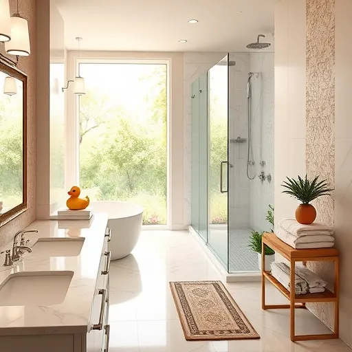 A realistic, high-quality digital rendering of a modern bathroom interior in the SocialRealism art style, showcasing top-rated bathroom remodeling. The scene features polished marble countertops, a deep soaking tub with ornate fixtures, and a glass-enclosed shower adorned with intricate tile patterns. Reflections highlight the pristine surfaces, while cleverly integrated storage solutions include playful touches like a vintage rubber duck atop plush towels and a small vibrant plant in a corner. Minimal human elements, such as a floating shower curtain and neatly folded towel on a luxurious towel rack, evoke a calm, confident atmosphere. The background reveals a softly lit, airy space with large windows overlooking a tranquil garden vista, emphasizing serenity and natural beauty. The space is decorated with warm neutrals—beiges, soft whites, and muted golds—with accents of lively colors from accessories and whimsical details like a cheerful soap dispenser and patterned rug. Realistic textures and detailed shading highlight craftsmanship and high-quality materials, creating an inviting, sophisticated bathroom that blends elegance with personality and innovative design touches.