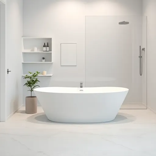 A luxurious minimalist bathroom interior featuring a matte-white freestanding bathtub with a modern curved silhouette positioned on a seamless light gray marble floor. Soft ambient lighting illuminates the space, reflecting subtly on the floor. Next to the bathtub, a slim wall-mounted faucet adds sleek sophistication. An elegant, thin-lined plant holder with a trailing green plant introduces natural vibrancy. In the background, a large frameless glass shower enclosure with etched geometric patterns provides subtle artistic detail. Discrete minimalist shelves display neatly arranged skincare or aromatic bottles with understated labels. Quirky accents include a floating soap dish or levitating candle, complemented by a delicate line drawing artwork in pastel hues, enhancing the tranquil atmosphere. The design emphasizes spaciousness, elegance, and subtle playful elements in a calm color palette of whites, grays, pastels, and soft wood accents, embodying high-end serenity and modern luxury in a minimalist style.