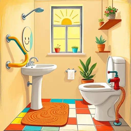 A vibrant ArtBrut-style illustration depicting how to make a bathroom safer for the elderly. The cozy bathroom features exaggerated bold lines and a textured, raw aesthetic. Prominent safety features include a brightly colored, cheerful yellow and blue sturdy grab bar securely bolted to the wall, and a textured, swirling-pattern anti-slip bathmat near the shower. The shower stall has colorful mosaic-style tiles, giving a practical yet cheerful appearance. An accessible low sink with a rounded mirror reflects a smiling, abstract elderly figure, emphasizing approachability. The toilet, with a soft rounded outline, is paired with a large, lively red and turquoise safety handle. In the background, a stylized window with sunburst rays adds warmth, while whimsical potted plants with exaggerated leaves sit on a playful shelf, creating a lively yet peaceful atmosphere. Quirky details include a cartoonish soap dispenser with a smiley face and a bathtub faucet shaped like a friendly animal. The overall scene is warm, welcoming, and reassuring, rendered with bold, uneven brushstrokes and textured surfaces, using vivid yellows, bright blues, warm reds, and soothing greens to evoke optimism, safety, and cheerfulness in a visually engaging, safety-oriented bathroom illustration.
