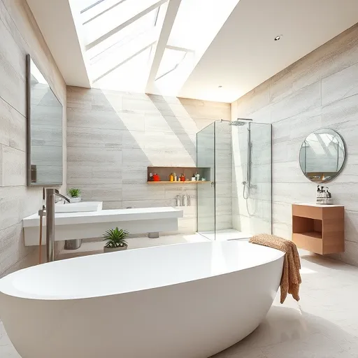 A hyperrealistic image of a modern bathroom renovation, showcasing a sleek matte white stone bathtub with subtle veining, surrounded by plush earth-toned towels. To the side, a minimalist floating vanity features a large frameless mirror reflecting soft ambient lighting and intricately designed fixtures with brushed metal finishes. A small potted succulent adds vibrant green contrast, alongside a vintage-inspired soap dispenser with a retro label. Behind, a glass-enclosed shower displays rain showerheads and built-in shelves filled with colorful toiletries. The high-ceilinged space is illuminated by large skylights, highlighting textured wall tiles resembling natural stone with subtle geometric patterns, extending onto an elegant, reflective-floor surface. Artistic mosaic accents with playful, abstract shapes are embedded within the wall tiles, enhancing the design. The overall ambiance is calm and sophisticated, with a soft color palette of whites, greys, beiges, and greenery, rendered with meticulous detail to textures, reflections, and realistic imperfections.