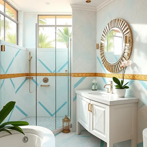 A glamorous Art Deco-inspired bathroom scene in Palm Beach, Florida, featuring a beautifully tiled shower stall and vanity area. The tiles display geometric patterns with bold, symmetrical lines, shimmering metallic accents, and subtle ocean-inspired motifs that evoke a coastal setting. Exotic tropical plants like palm fronds and orchids enhance the lush ambiance. A vintage sunburst mirror and sleek, shimmering fixtures add luxury, while large sunlit windows offer views of swaying palm trees outside. Warm sunlight reflects off the metallic tiles, creating a vibrant and elegant atmosphere. Quirky details include a small ceramic sea turtle on the vanity and wave-like geometric tile patterns. The color palette comprises rich golds, turquoise blues, crisp whites, and hints of coral, capturing the tropical paradise and vintage glamour of Palm Beach. The scene emphasizes precise tile craftsmanship, grout detailing, and sophisticated decor that blend opulence with a playful, timeless charm—ideal as an eye-catching blog cover image celebrating luxury bathroom design and expert tile installation.