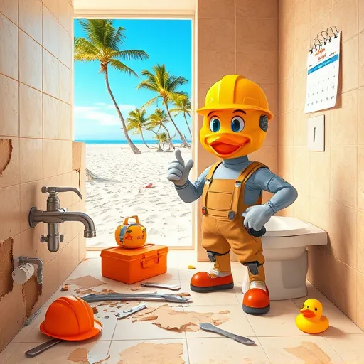 A highly detailed, realistic scene of an emergency bathroom renovation in Boynton Beach, Florida. The foreground shows a partially demolished bathroom with exposed plumbing, torn tiles, and scattered tools—including wrenches, a putty knife, and a bright orange toolbox—highlighting rapid repair work. A friendly, cartoonish mechanical mascot wearing a hard hat and overalls is mid-action, holding a wrench and pointing toward the work zone, adding a quirky, inviting personality. In the background, through a window or open door, a sunny Florida landscape with palm trees, sandy beaches, and a clear blue sky sets the vibrant scene. The bathroom features realistic textures with gleaming tiles, shiny fixtures, and fresh paint patches, creating an inviting yet industrious atmosphere. Warm sandy tones, bright citrus oranges, and shades of blue dominate the color palette, reflecting Florida’s sunny environment. Additional details include a small calendar on the wall with a quickly marked date and a humorous rubber duck wearing a construction helmet amid tools, adding personality. The image emphasizes professionalism, urgency, and dependable service with ultra-realistic lighting, textures, and depth, capturing the energetic vibe of a swift emergency renovation in Florida.