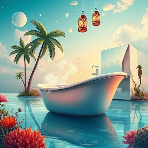A whimsical, surreal landscape depicting a bathroom transformation in Jupiter, Florida, blending reality with dreamlike elements. An oversized, shimmering bathtub floats serenely on a glassy lagoon, adorned with coral and seaweed, evoking an underwater kingdom. Wisps of steam swirl into playful shapes like a smiling shell and a tiny wave. Tall, stylized palm trees with fluffy, cloud-like leaves lean towards the scene, casting dappled light. The vibrant sky shifts from aquamarine to sunset orange, dotted with translucent soap bubbles reflecting Florida landscapes. A modern, iridescent bathroom vanity with organic growth patterns features faucets shaped as miniature fountains pouring shimmering water into the lagoon. Floating lanterns with intricate designs illuminate the area, while jewel-toned seahorses glide through the air. Surreal touches include a firefly-entwined mirror frame and a waterfall-shaped showerhead suspended mid-air. The lush tropical environment combines calming blues, vibrant pinks, rich greens, and warm oranges in a fluid, organic art style, emphasizing creativity and trustworthiness in Jupiter's top bathroom remodeling services.