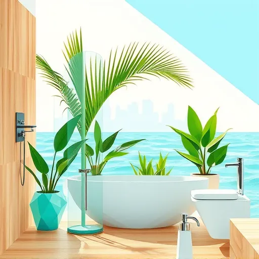 A vibrant, modern illustration of eco-friendly bathroom remodeling in Palm Beach, Florida, featuring bold geometric abstractions. The scene includes stylized shapes representing sustainable materials such as reclaimed wood tiles, glass shower enclosures, and water-saving fixtures within angular, simplified layouts. Lush green plants are depicted in faceted containers, integrating natural elements into the design. The background shows a stylized skyline of Palm Beach’s luxurious coastal architecture, with sharp triangle palm fronds and shimmering pastel blue and aquamarine ocean waves that evoke tranquility. Bright coral and sandy beige accents convey tropical warmth, balanced by cool teal and moss green shades to emphasize eco-consciousness. Playful mosaic patterns of tiny geometric leaves and bubbles add whimsy, blending seamlessly into surfaces and fixtures. The overall mood is calm, inspiring, and sophisticated, highlighting harmony between luxury, nature, and innovative, sustainable bathroom design inspired by Palm Beach’s coastal elegance.