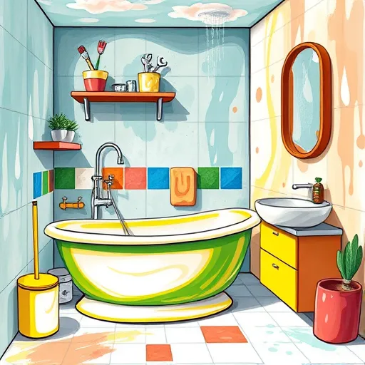 A vibrant, expressive illustration of a modern bathroom undergoing colorful, innovative transformations. The scene features exaggerated, swirling lines and bold brushstrokes in an expressionist style, emphasizing movement and emotion. Stylized, slightly abstract fixtures include an oversized, cheerful bathtub with playful curves, a gleaming faucet and sink painted with energetic strokes, and a quirky showerhead with whimsical water spray patterns. Bright splashes of lime green, sunny yellow, deep blue, and coral contrast against a textured background wall decorated with playful geometric tiles that appear to dance with movement. Floating tools such as a paintbrush, wrench, and plunger with exaggerated forms and expressive lines suggest creativity and resourcefulness. The environment hints at a space transformed through budget-friendly ideas, featuring a modern shelf with quirky mismatched storage bins and a vintage mirror with an eclectic frame. The backdrop showcases a textured, splashy gradient resembling a sky, symbolizing fresh beginnings and endless possibilities. The overall upbeat, whimsical mood, combined with intense, emotive colors, celebrates resourceful and colorful bathroom makeovers, making this image ideal for a blog cover about affordable home renovations.